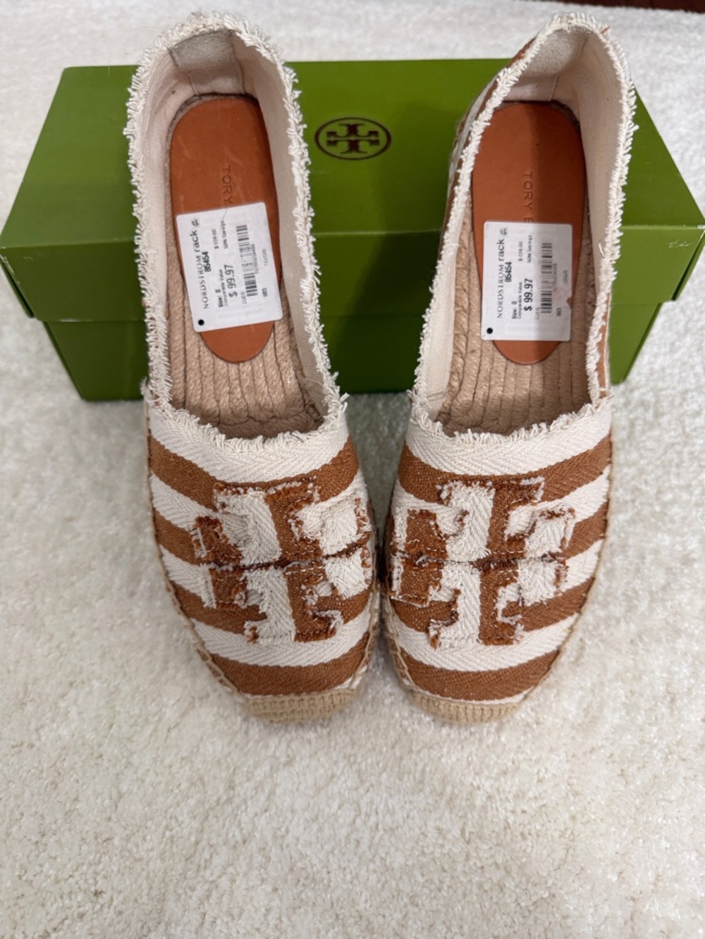 Tory Burch (sz US 8) Frayed Striped Canvas Aline Denim - style no 169588